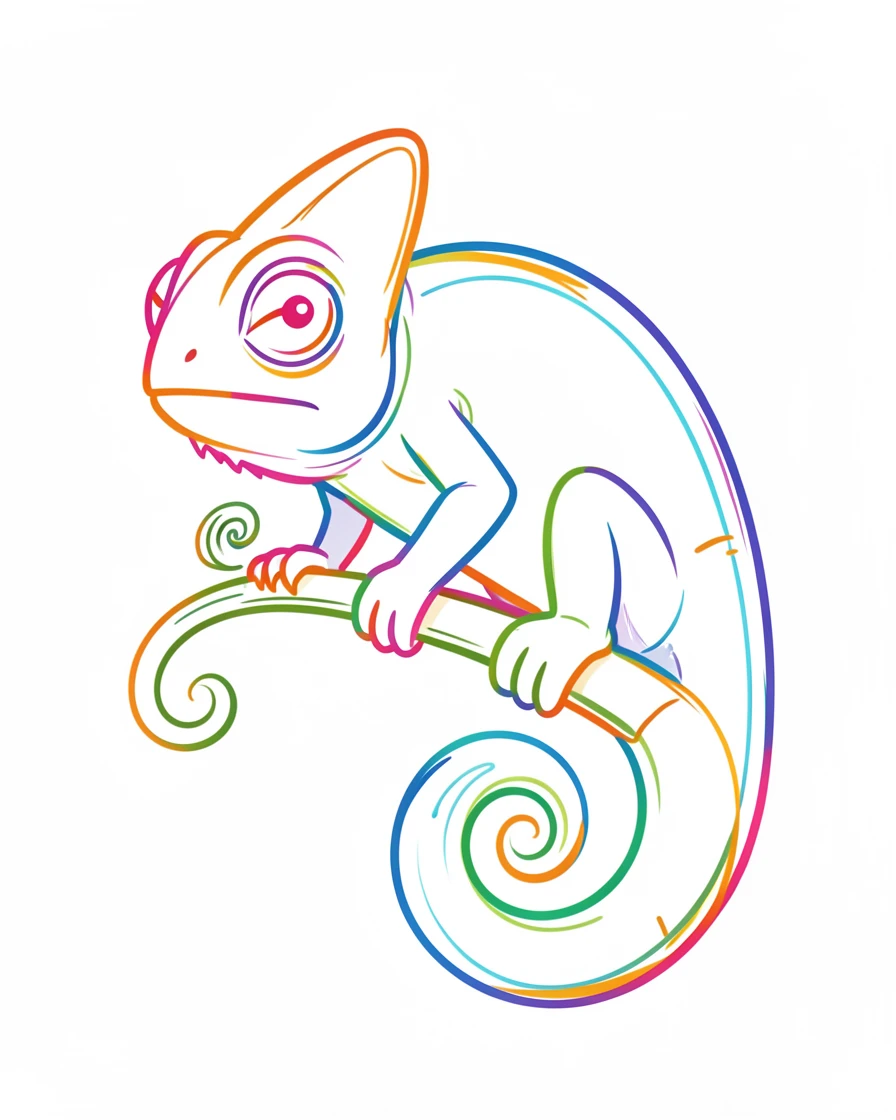 A chameleon perched on a curling vine, one eye swiveled forward and one back, tiny claws gripping the branch.