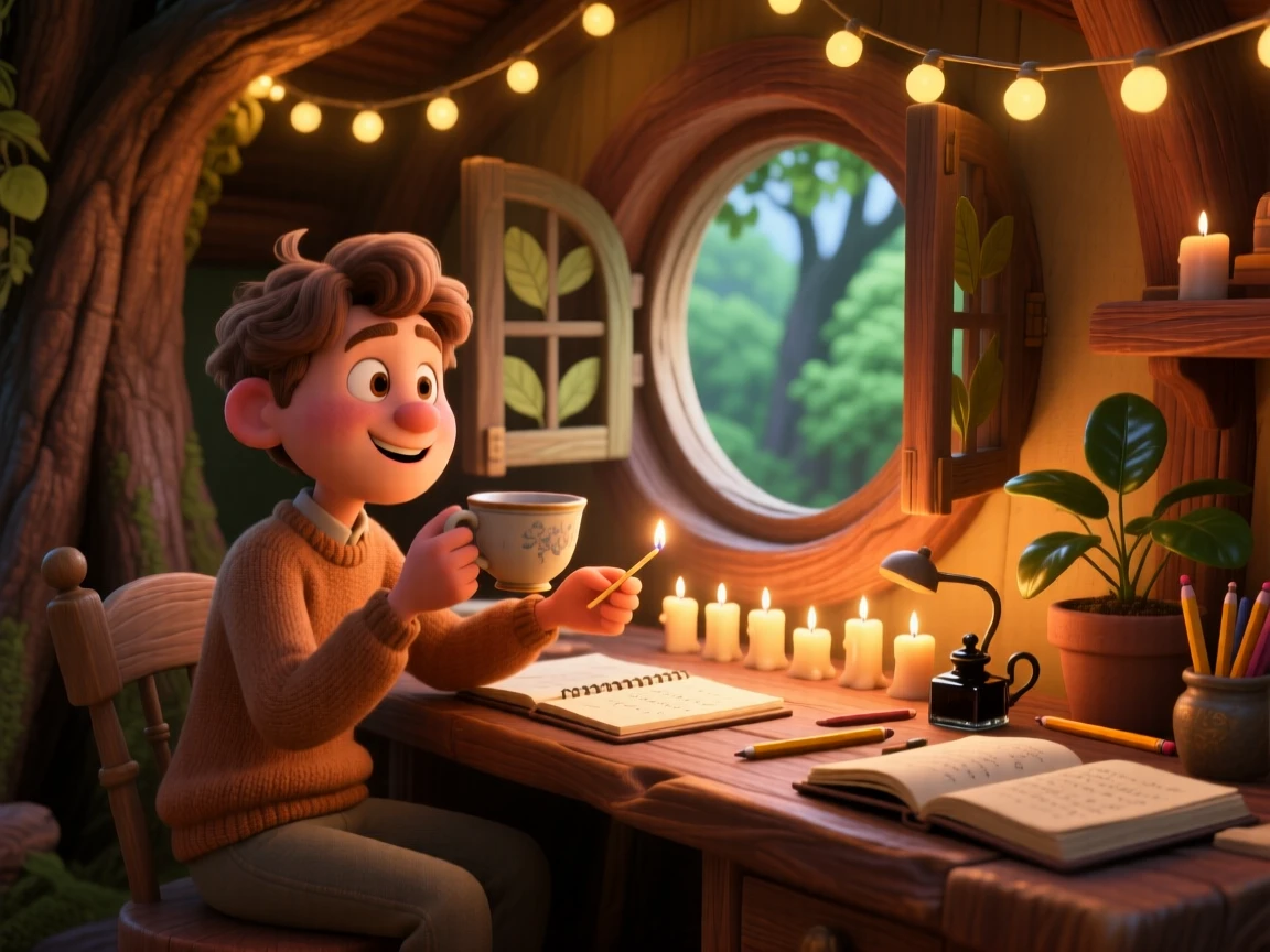 A writer sipping tea at a wooden desk sits inside a treehouse strung with twinkling lights, lighting a row of small candles. The atmosphere is warm, unhurried, and peaceful, with warm shadows dancing on the walls.
