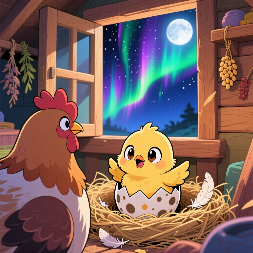 A tiny chick hatching from a speckled egg with a surprised expression, framed as an over-the-shoulder view within a cozy hen house nest, beneath swirling aurora-lit skies, glowing under soft moonlight, evoking peaceful calm.