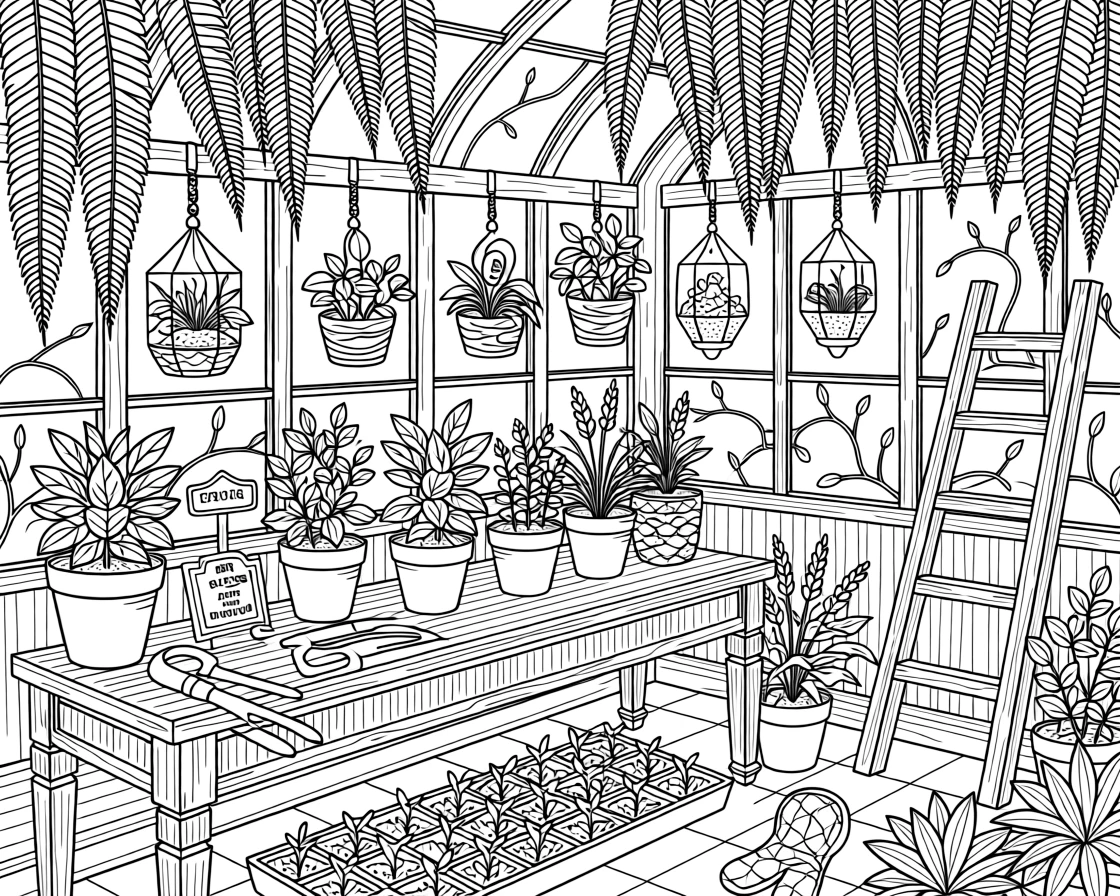 A greenhouse interior packed with hanging ferns, orchids, and potted herbs.