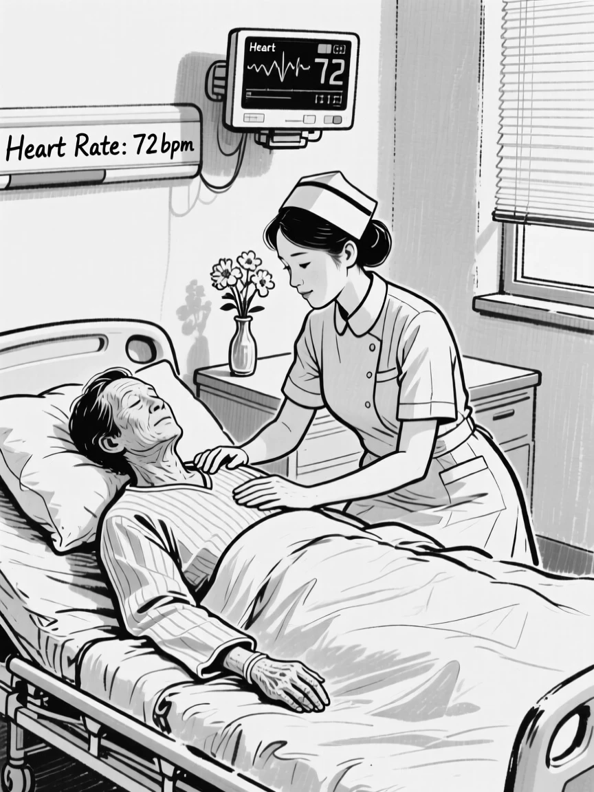 A nurse gently comforting a patient in a hospital room, holding their hand with quiet reassurance.