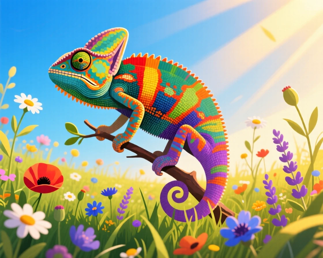 A chameleon with skin shifting through rainbow colors, surrounded by a sunlit meadow filled with wildflowers, framed from a low angle to feel grand and majestic, with vivid, richly saturated colors that pop.