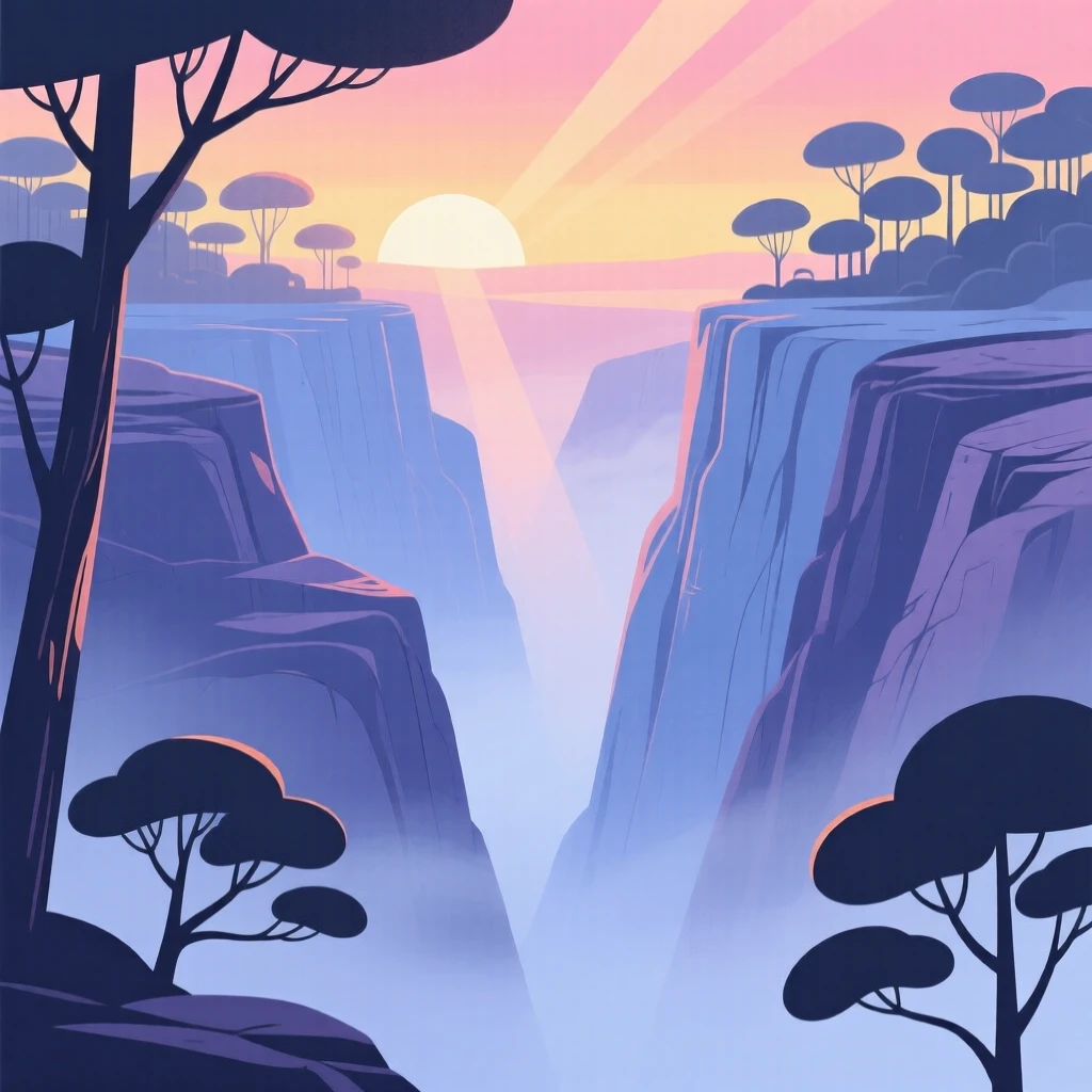 A misty deep canyon at sunrise with soft light filtering through the dense canopy.