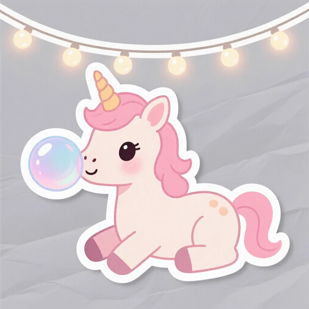 A gentle baby unicorn foal blowing a big bubblegum bubble, under a string of fairy lights.