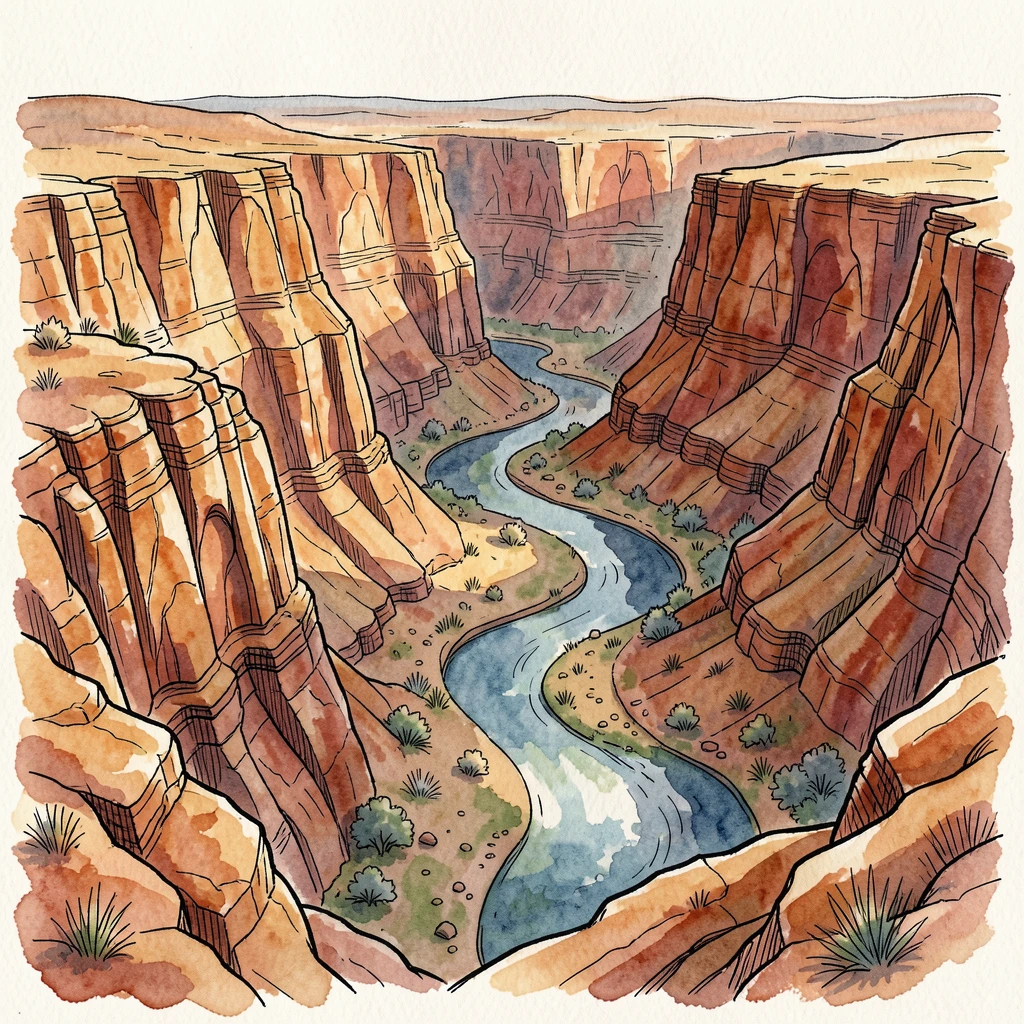 A canyon carved by a winding river, striated rock walls glowing warm in late afternoon light