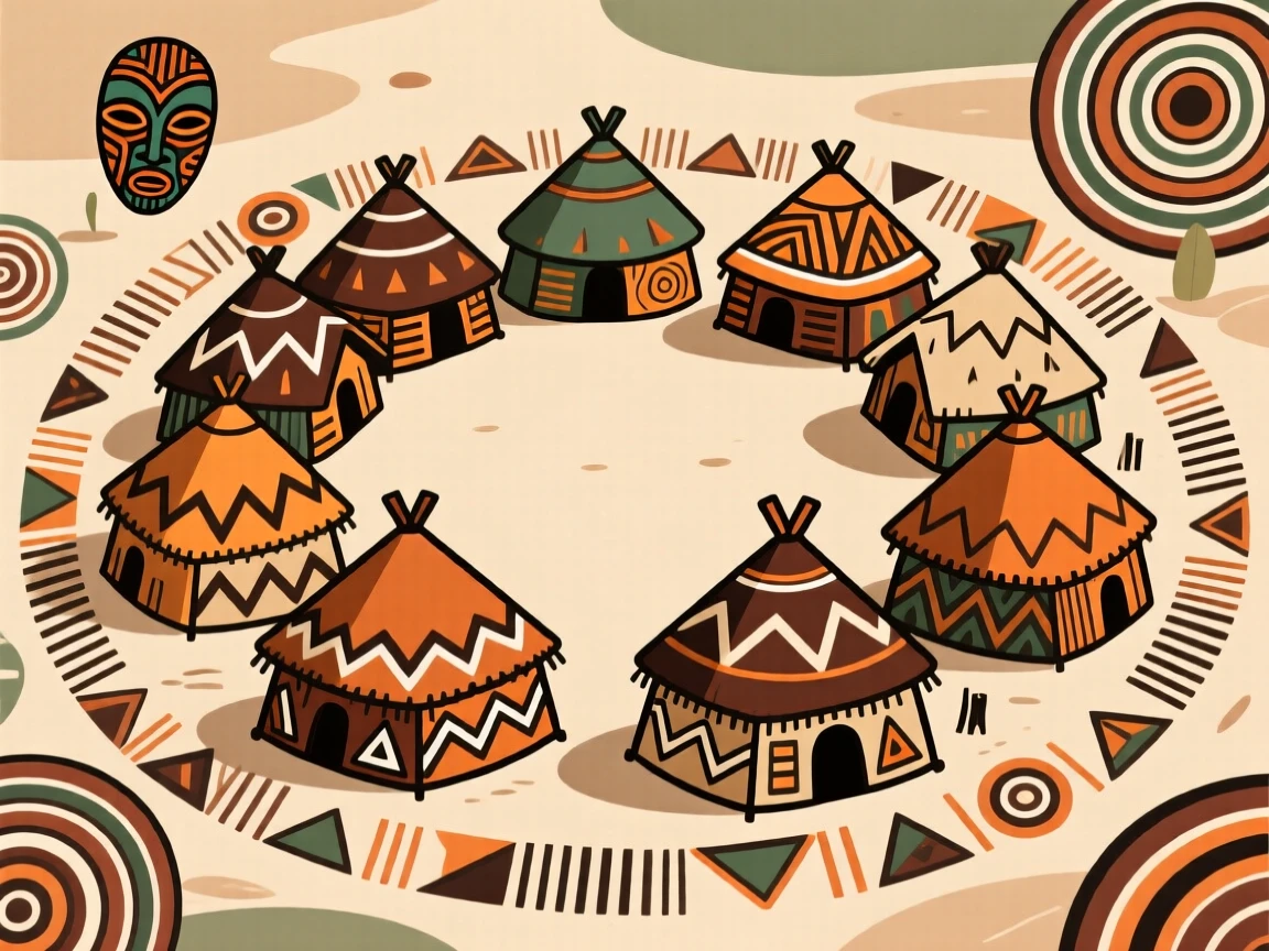 A traditional homestead with huts arranged in a protective circle.