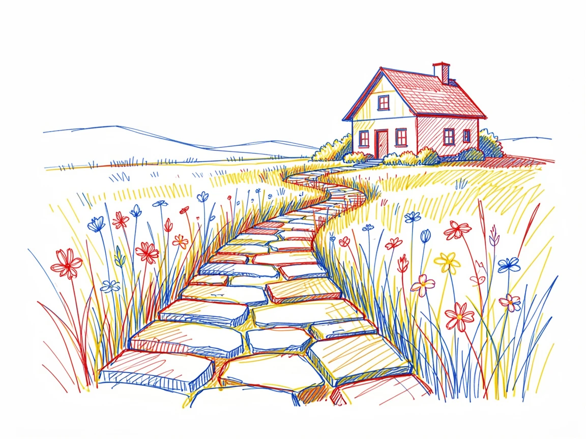 An old stone path winding through a wildflower meadow toward a distant cottage