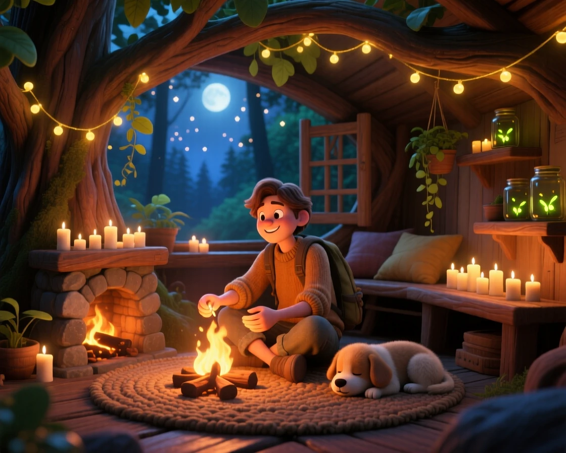 A traveler warming their hands by a fire sits inside a treehouse strung with twinkling lights, lighting a row of small candles. A feeling of safety and slow relaxation lingers here, with a small dog dozing nearby.