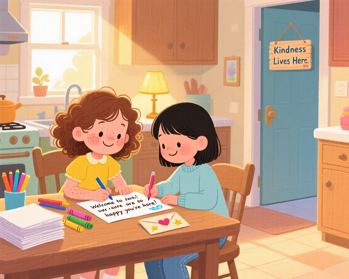 A girl and a shy new classmate share a tender moment writing a kind note and leaving it on a doorstep in a warm kitchen table, as warm smiles are exchanged.