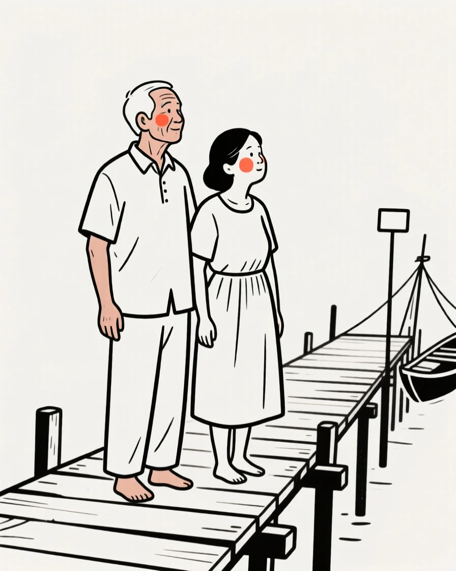 An elderly couple of Filipino heritage, gazing thoughtfully into the distance, on a wooden fishing pier.