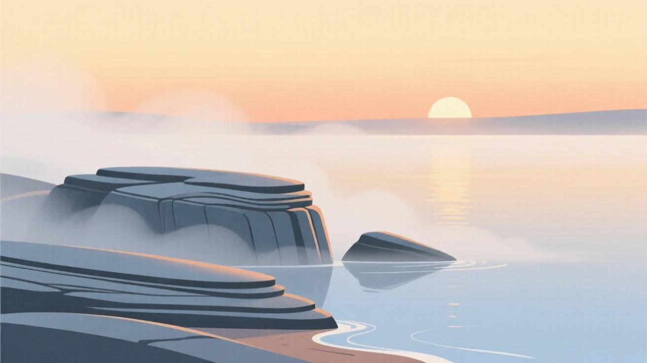 A misty lake shore at sunrise with soft light filtering through the layered rock formations.