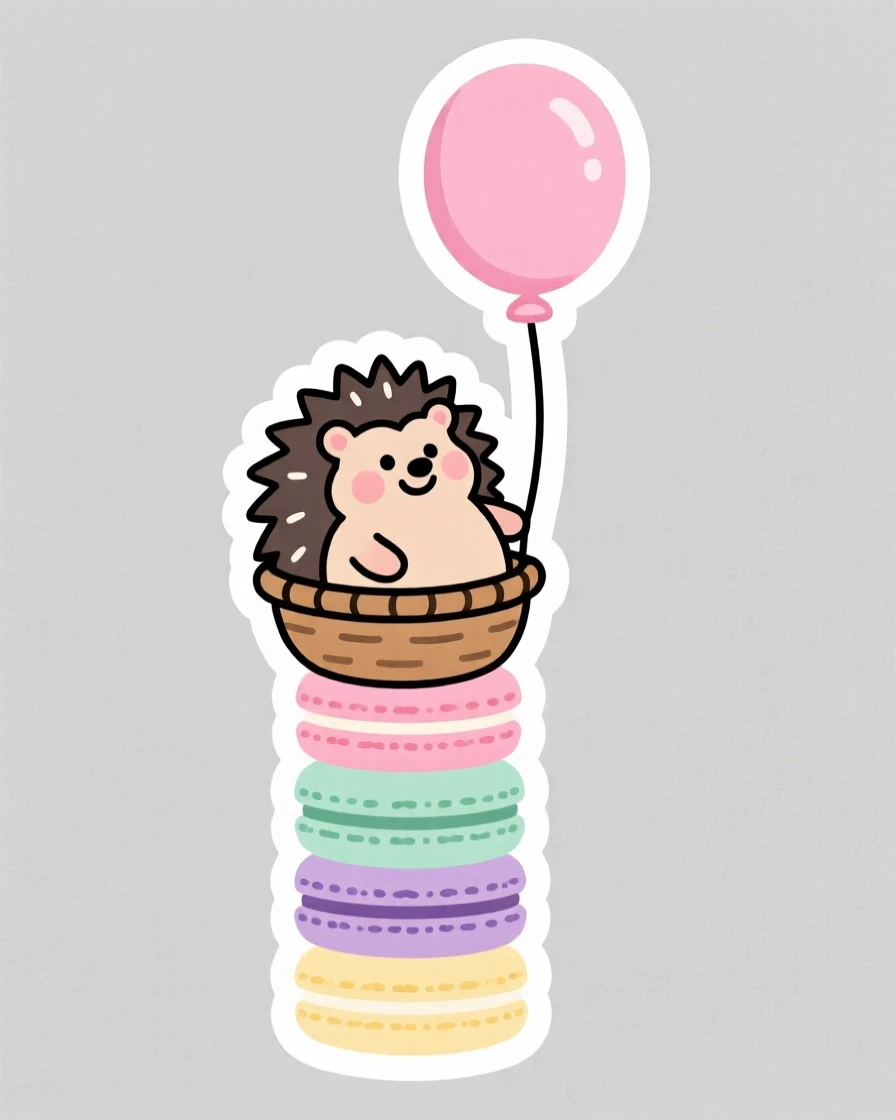 A proud chubby hedgehog sitting inside a floating balloon basket, on top of a stack of pastel macarons.