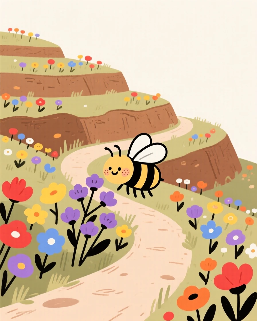 A winding path leads through a terraced hillside garden bursting with wildflowers of every color, where a honeybee pauses among the blooms.