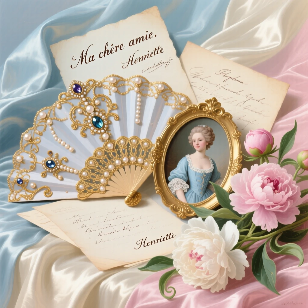 A jeweled fan laid beside handwritten letters, a miniature portrait, and fresh peonies  