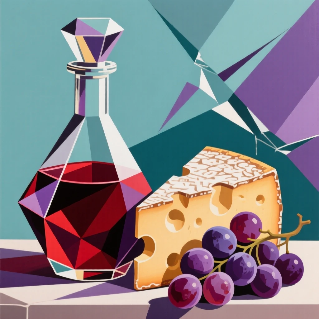 A crystal decanter of red wine beside a wedge of aged cheese and grapes.