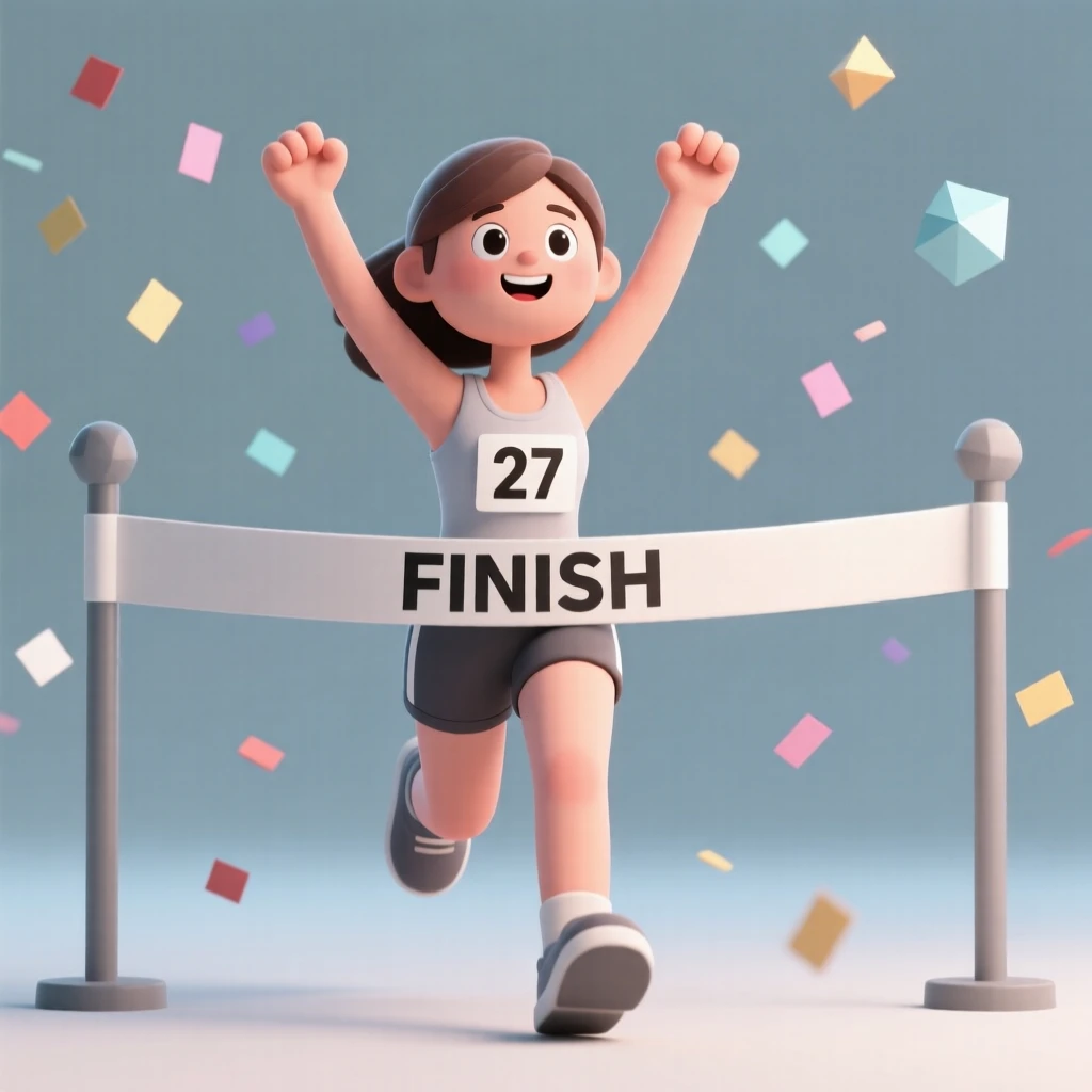 A determined marathon runner crosses a finish line banner, arms raised high in triumph as confetti rains down around her.