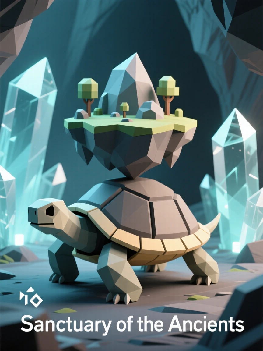 A colossal turtle carrying a floating island on its back, inside a cavern glittering with crystal light. soft glowing light sources create dramatic highlights. The scene feels magical and full of wonder.