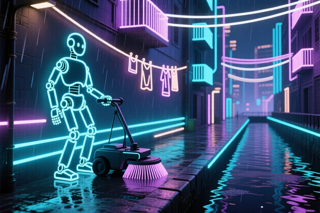 An image of a robotic street sweeper navigating a rain-slicked alley along a canal that cuts through the city center, with laundry lines strung between balconies far above.