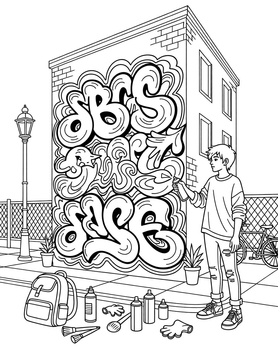 A graffiti mural covering the side of an urban building, with tools and supplies scattered nearby.