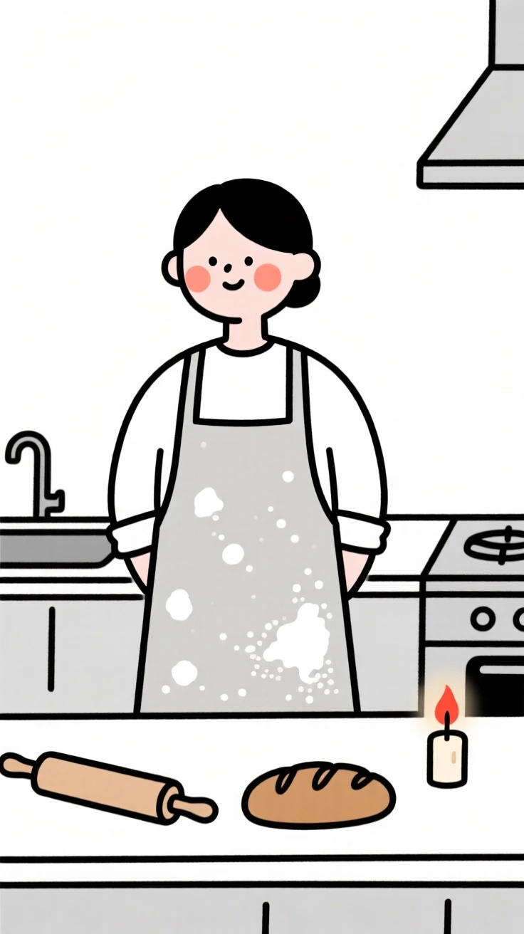 A baker dusted with flour in a cozy candlelit kitchen.