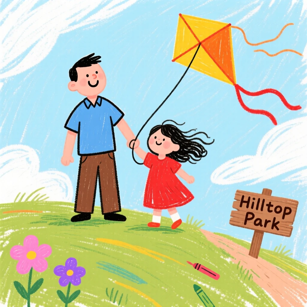 A father and daughter flying a kite together on a breezy hilltop.