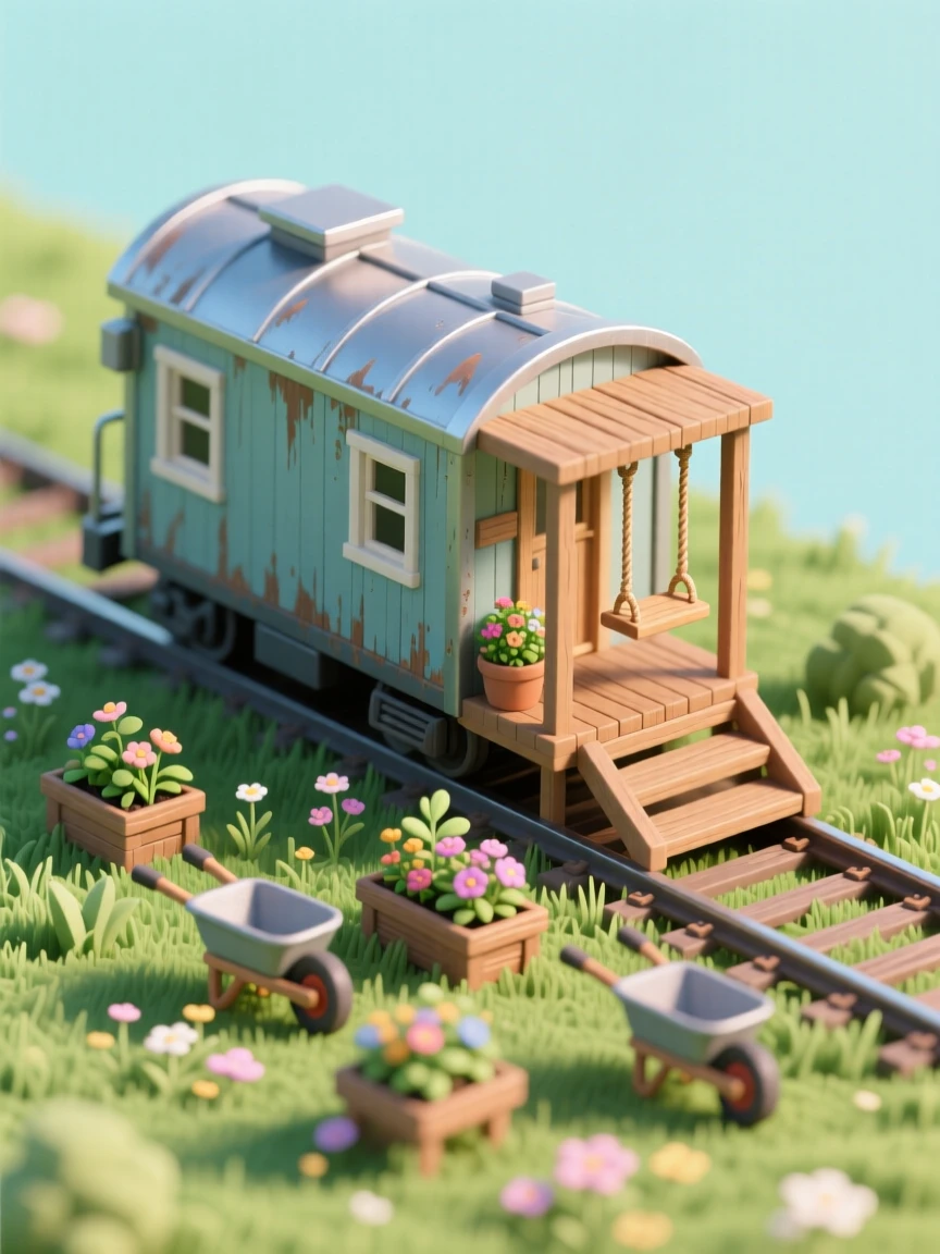 A converted train caboose home parked in a meadow, with a garden planted in old wheelbarrows, a porch swing hanging from the roof overhang, and wildflowers growing along the tracks.