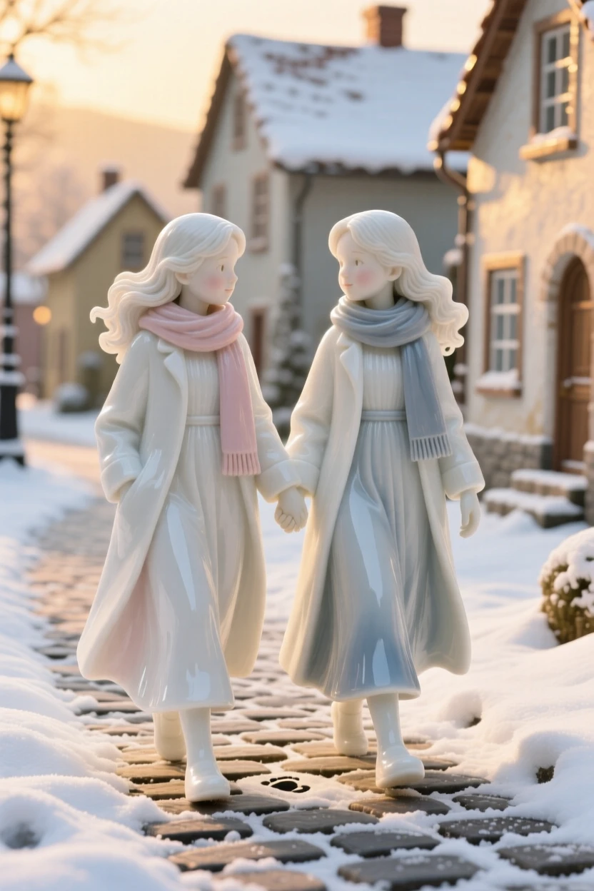 A tender scene of two sisters walking hand in hand along a path in a snowy village square, the scene bathed in golden late-afternoon light.