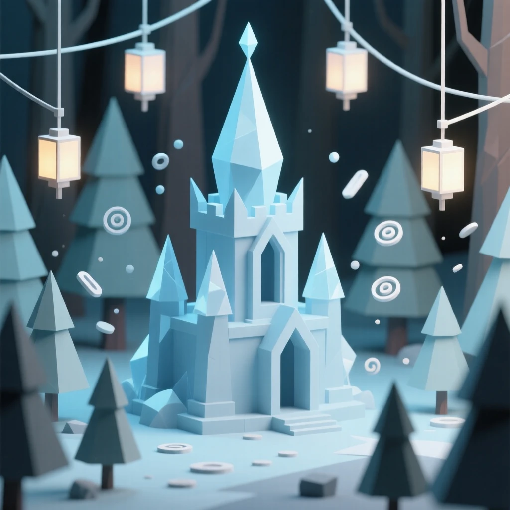 An ice queen's palace shimmering under the moon, within a forest lit by floating lanterns. swirling particles of light drift through the air. A sense of quiet enchantment fills the air.