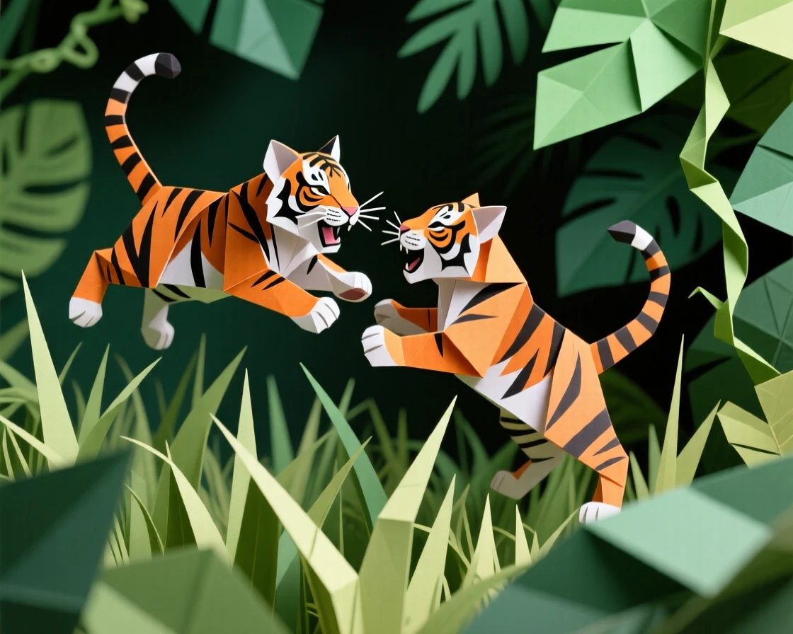 A tiger cub pouncing playfully on its sibling's tail in tall grass, motion captured mid-leap, jungle greenery framing the scene.