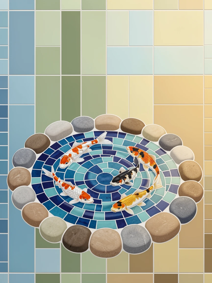 A peaceful koi pond surrounded by manicured Japanese garden stones.
