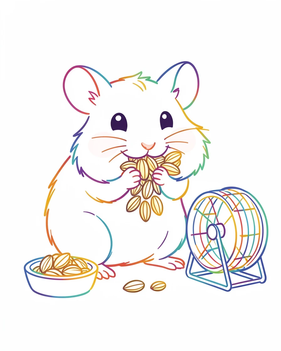 A tiny hamster stuffing its cheeks with sunflower seeds beside a miniature food bowl and exercise wheel.
