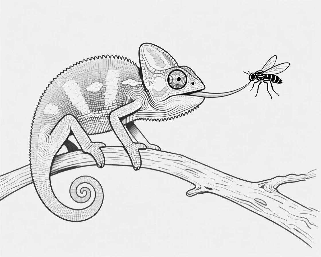 A chameleon perched on a branch, tongue extended toward an insect