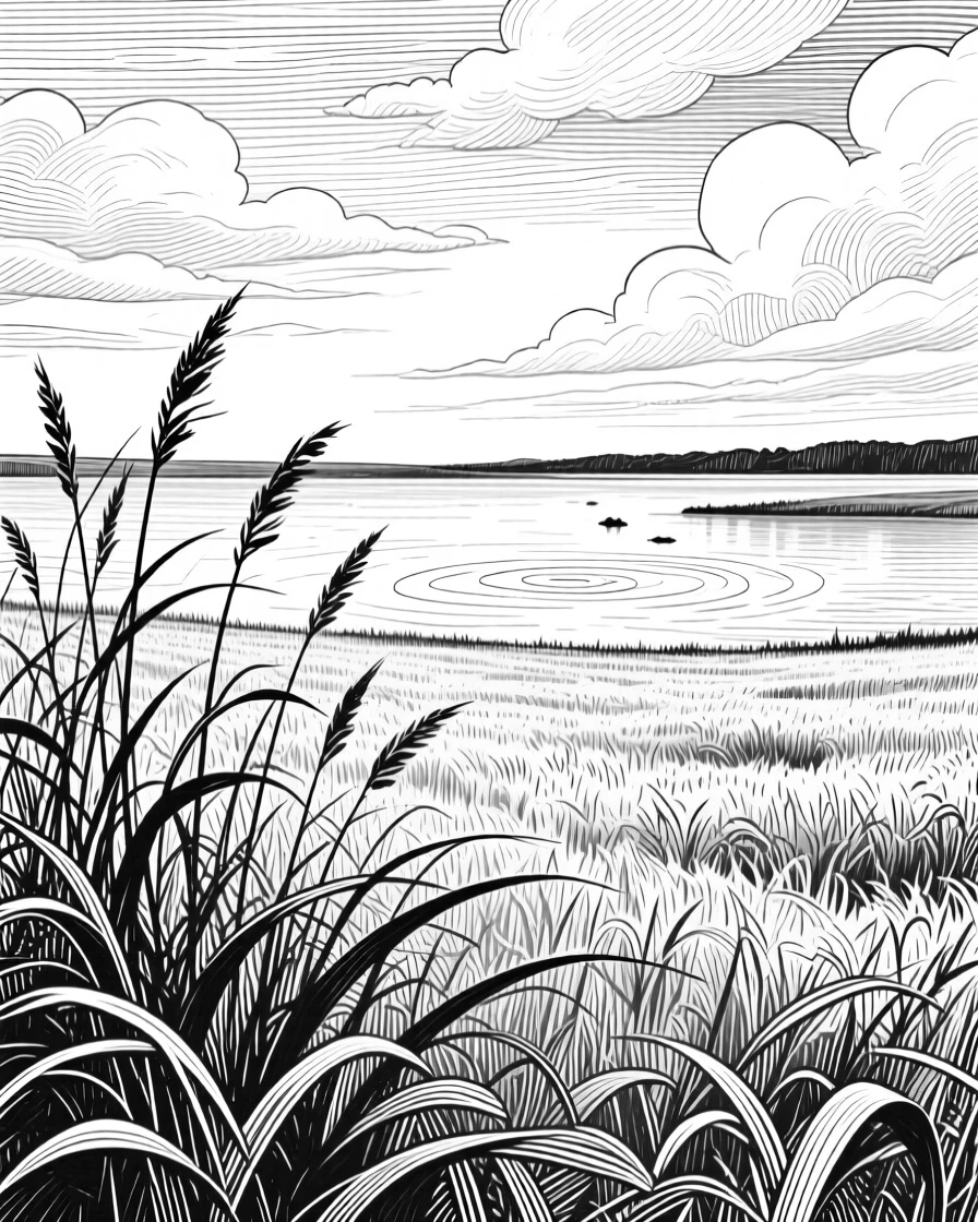 A field of wild grasses beneath a sky filled with drifting clouds, with ripples spreading across still water, evoking a gently nostalgic atmosphere in a wide, balanced composition.