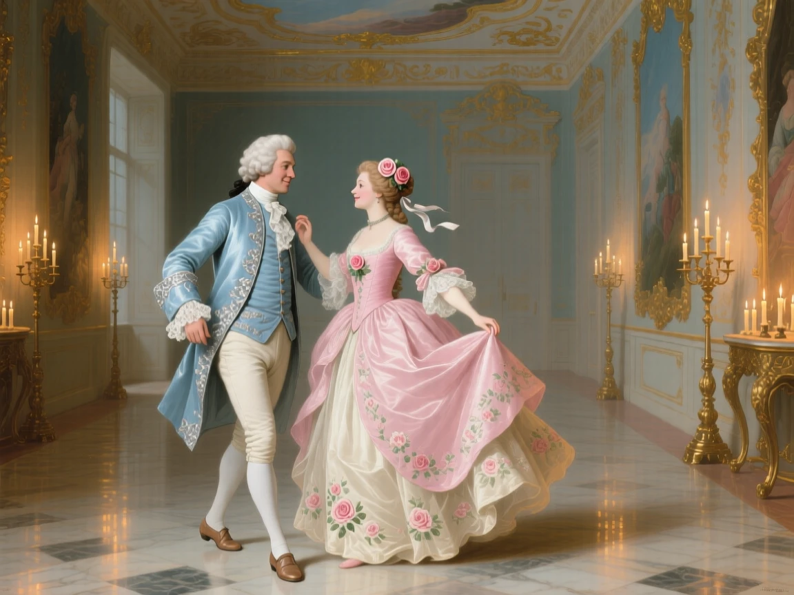 A prince and princess dancing alone in an empty candlelit gallery  