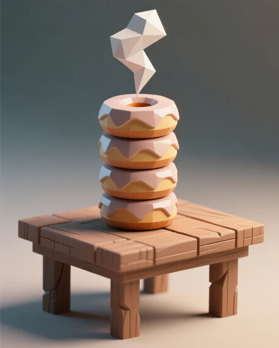 A tall stack of glazed donuts, on a rustic wooden table. steam rises gently, adding a sense of freshness. The scene feels warm and comforting.