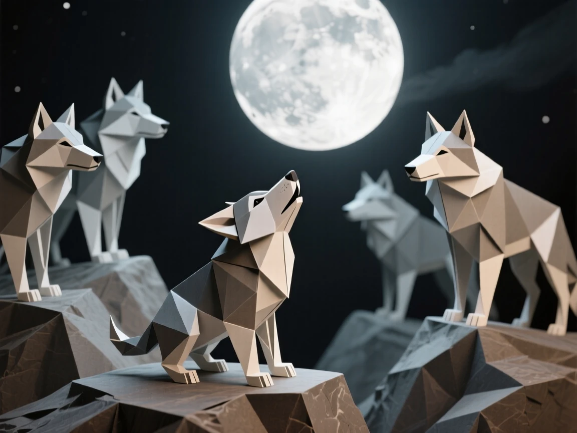 A wolf pup attempting its first howl with nose pointed skyward, pack watching from a rocky outcrop under a full moon.