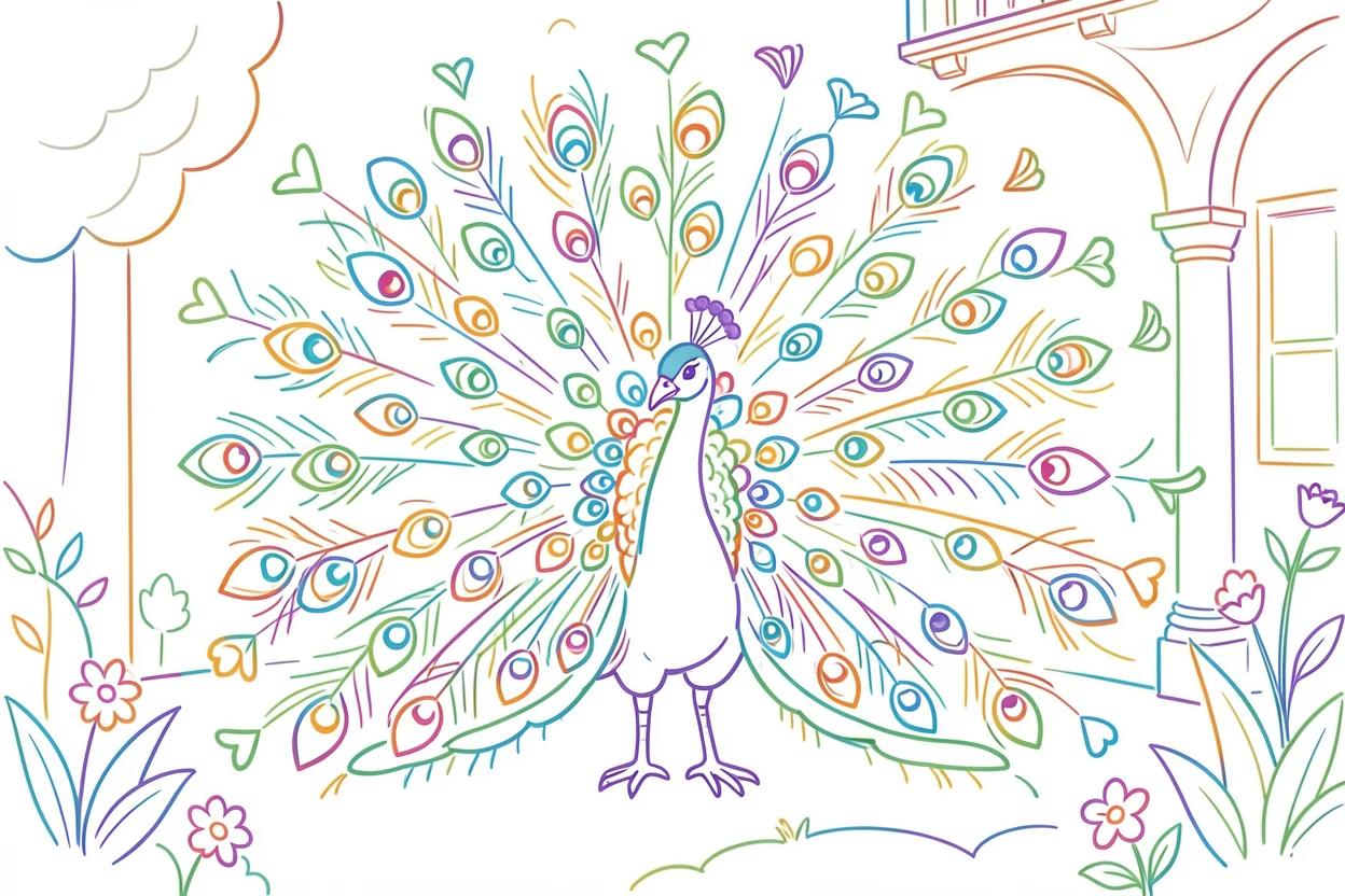 A peacock with its tail fully fanned out standing in a garden courtyard, feathers catching the light.