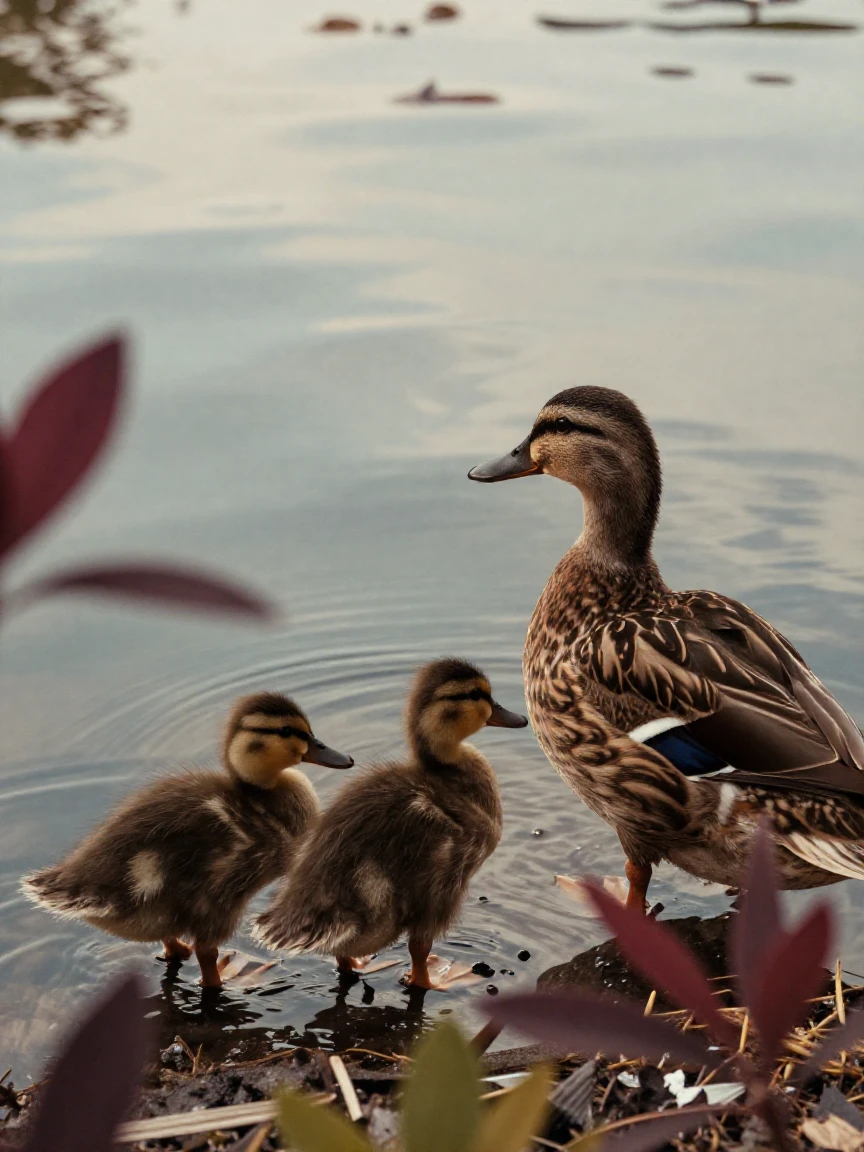 Newly hatched ducklings following their mother across a pond, under a pale winter sky, with a soft breeze stirring the air, in early spring, with rich burgundy and gold accents, peering through foliage in the foreground.