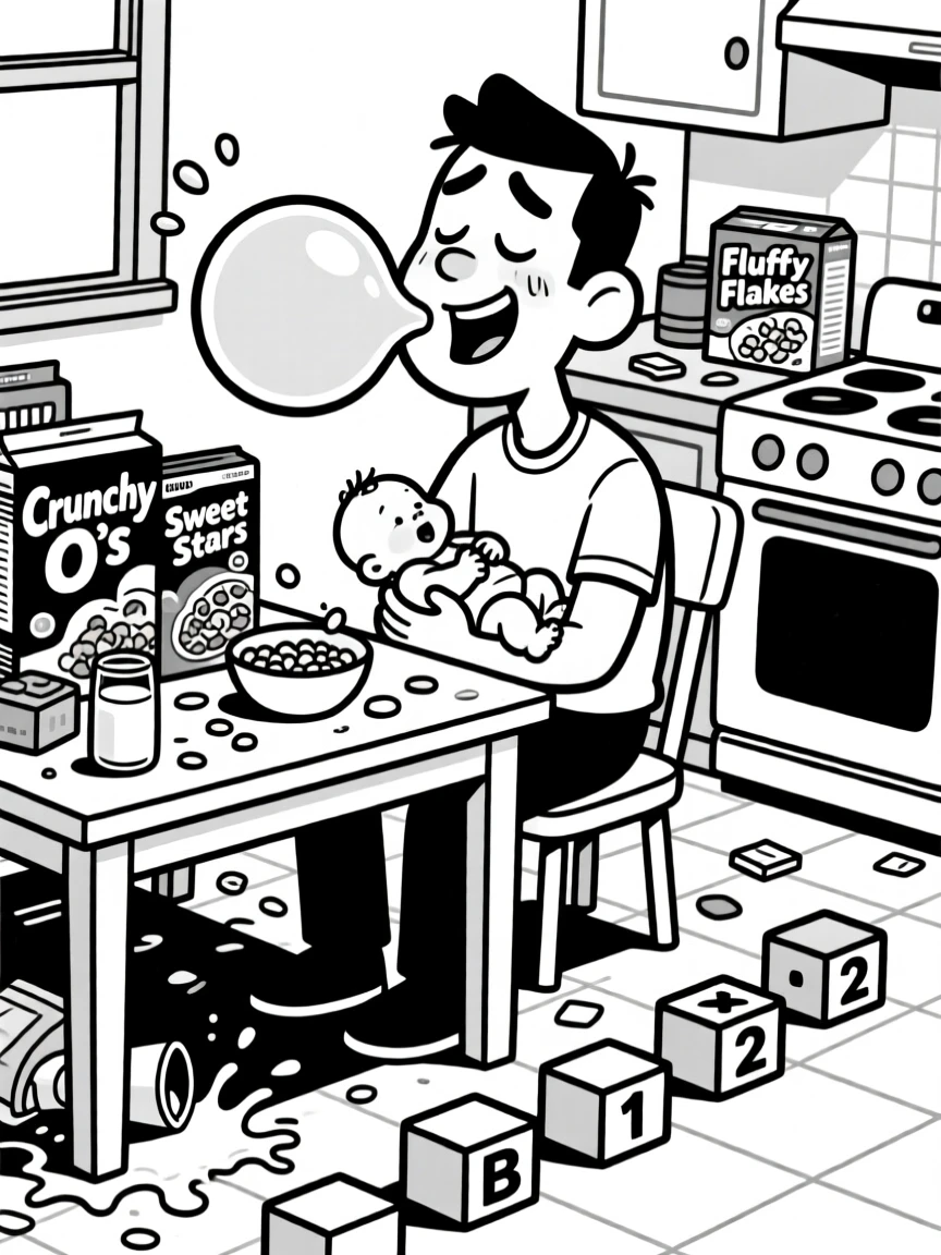 A tired but happy new dad cradling his newborn, blowing a giant bubblegum bubble, set at a cluttered kitchen table covered in cereal boxes. A trail of building blocks leads across the floor. It's a small, ordinary moment that feels quietly precious.