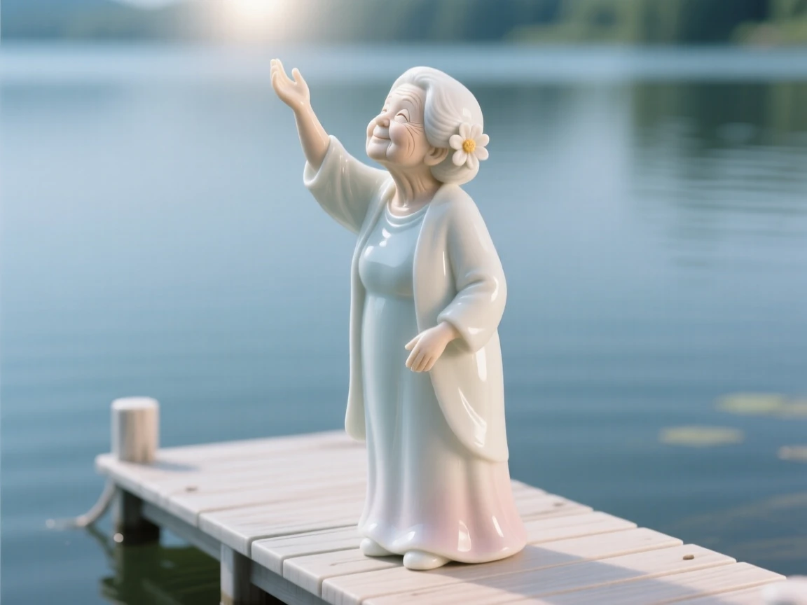 A gentle grandmother reaching upward toward the light in a quiet lakeside dock, a single flower tucked behind her ear.