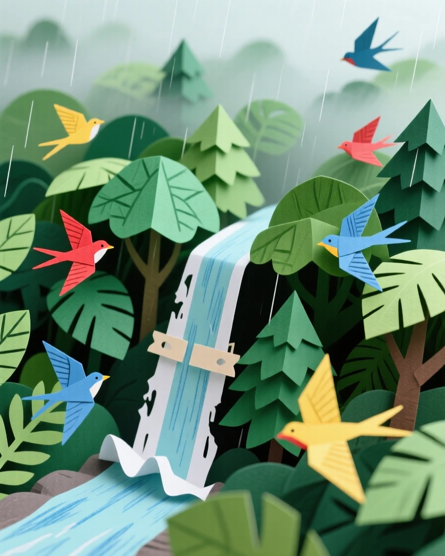 A misty rainforest canopy viewed from above, layers of green stretching to the horizon, a single waterfall cutting through the foliage, and colorful birds in flight, evoking untouched biodiversity.