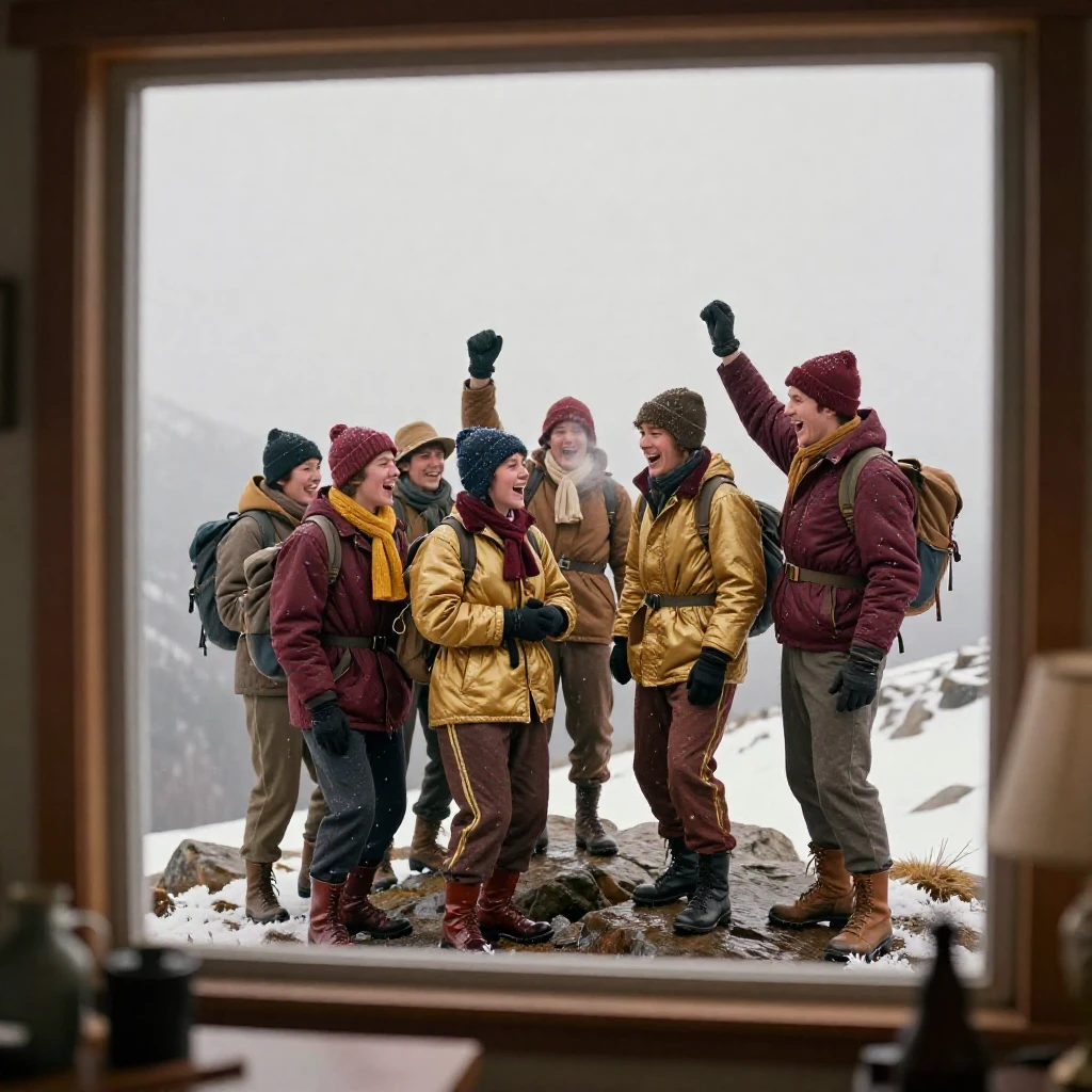 A group of hikers cheering at a mountain summit, under a pale winter sky, under a light drizzle, in the depths of winter, with rich burgundy and gold accents, viewed from across the room.