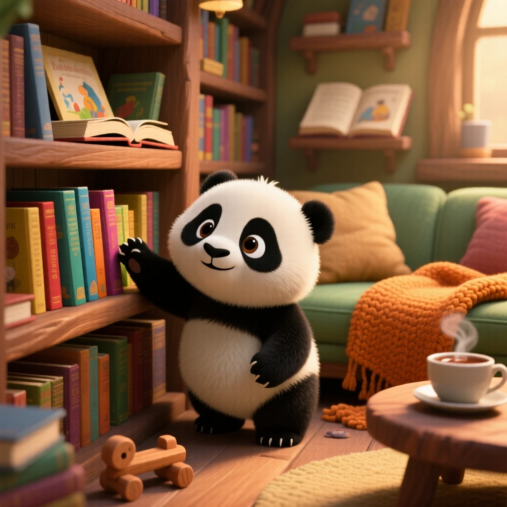 A baby panda cub is exploring a cozy bookshop nook, reaching out a tiny paw. Innocent curiosity shines through the moment, with its whiskers twitching gently.