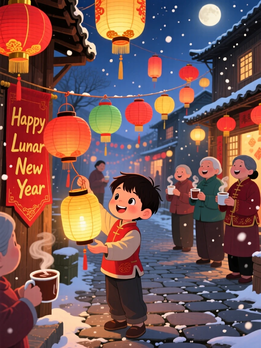 A boy carrying a lantern spend the evening hanging paper lanterns for a Lunar New Year celebration in a festive village street, while warm cocoa steams in every hand.
