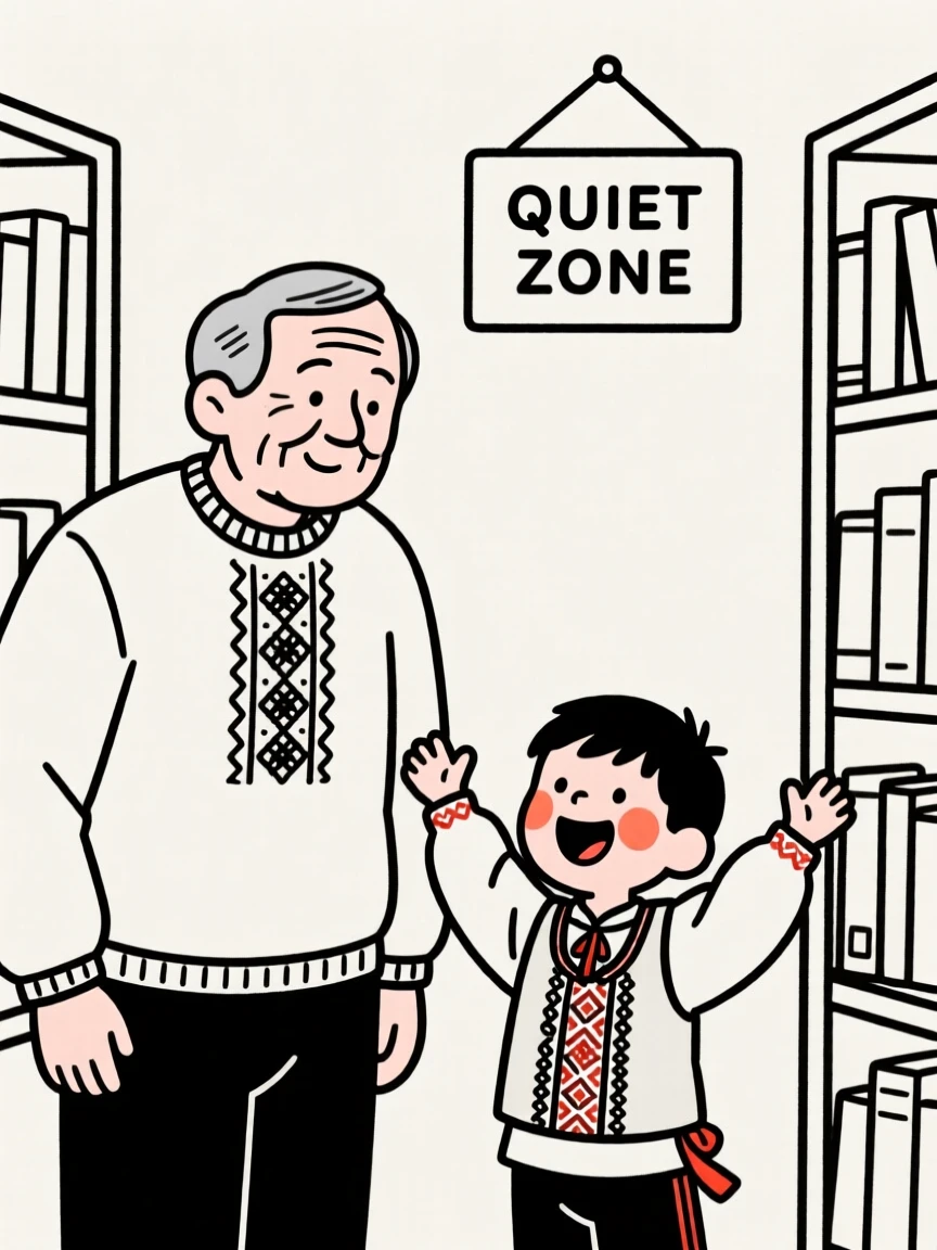 A grandfather and grandson of Polish heritage, bursting with excitement, in a quiet library.