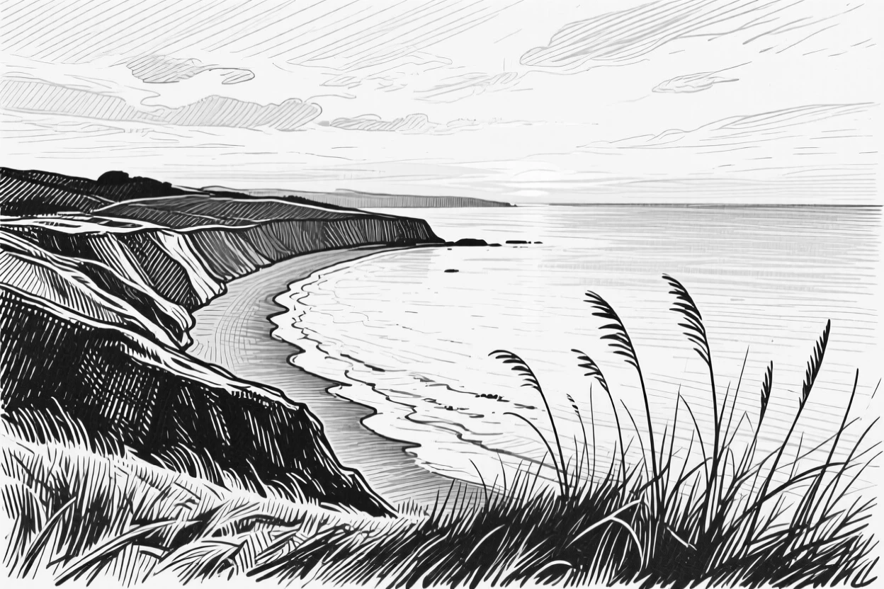 A curved coastline under the soft glow of early morning light, with tall grasses bending in the wind, evoking a gently nostalgic atmosphere in a wide, balanced composition.