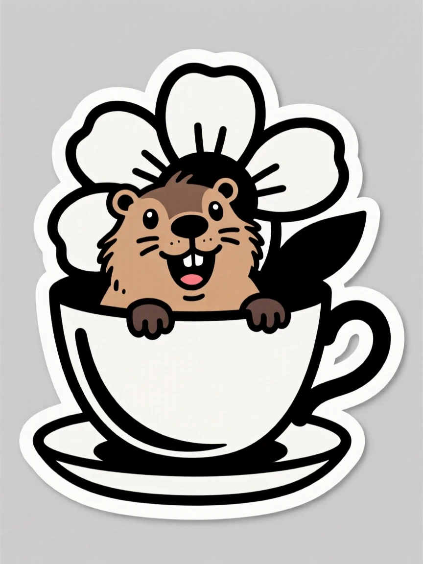 A wonder-struck grinning capybara peeking out from behind a giant flower, inside a giant teacup.