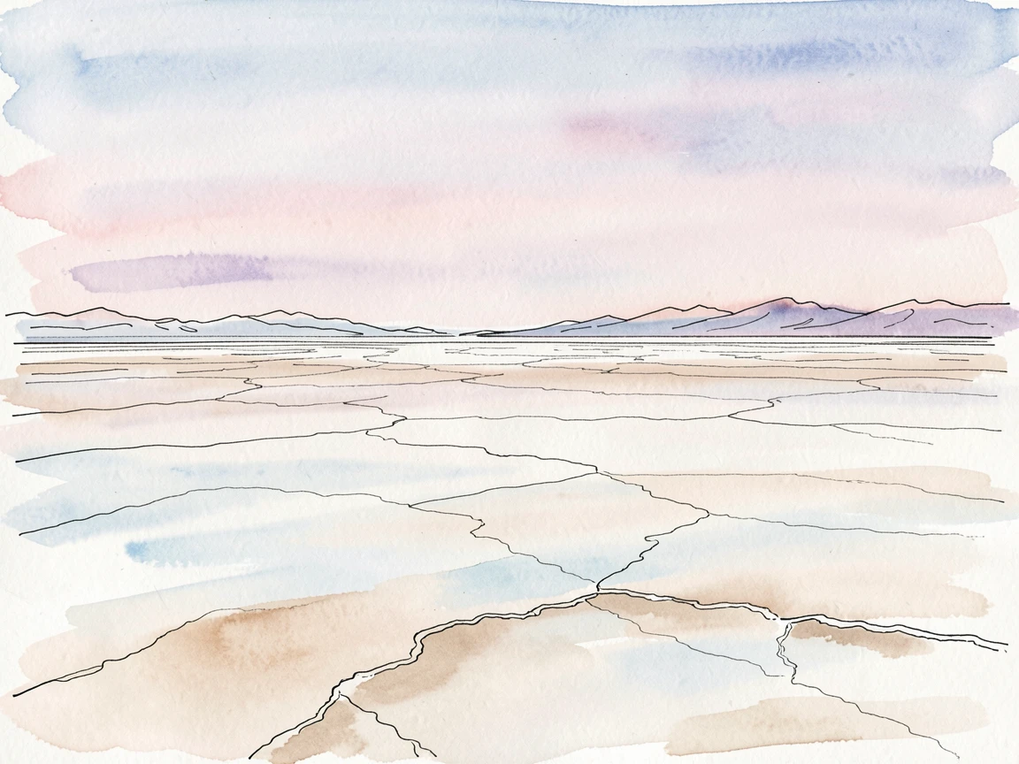 A vast salt flat stretching to the horizon, a thin line of mountains visible in the shimmering distance