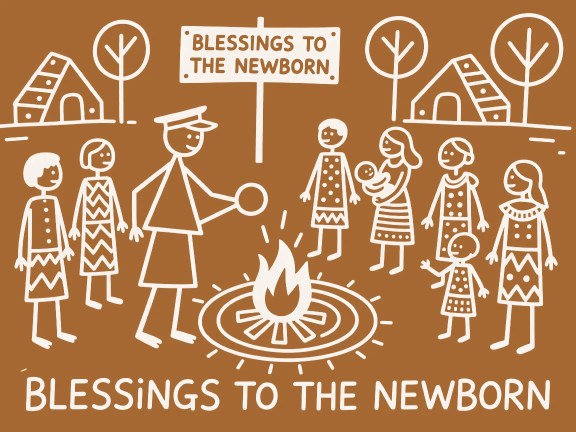 A barefoot postman gathering to bless a newborn around a communal fire pit.