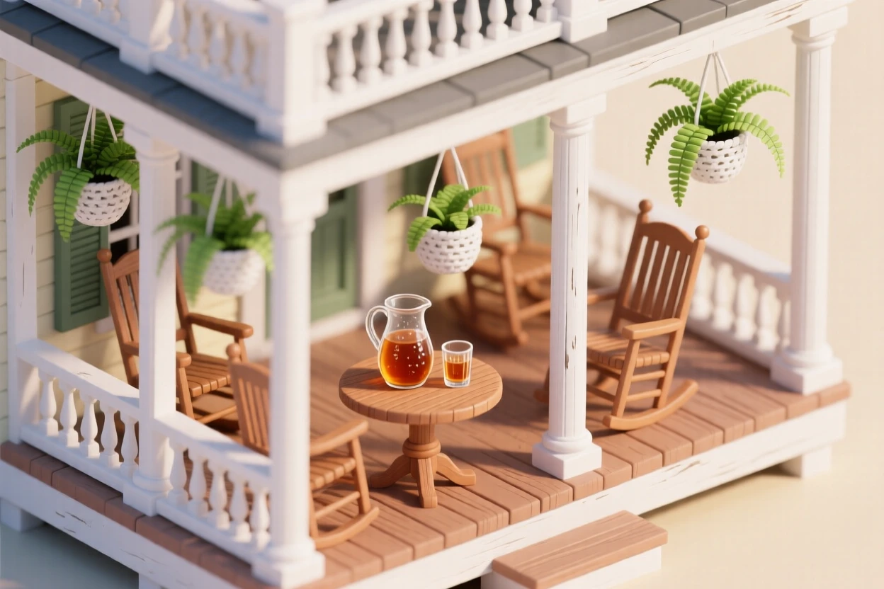 A Southern plantation-style porch with white columns, a wraparound veranda lined with rocking chairs, hanging ferns, and a sweet tea pitcher resting on a small table.